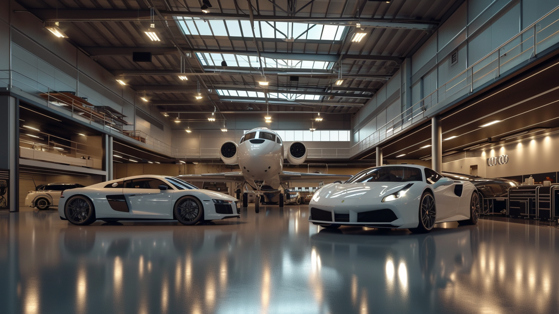 Aerial view of The Kirby Compound Hangar filled with luxury vehicles and travel gear